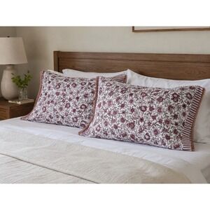 Set of 2 King Pillowcases Floral Burgundy Pink Cotton Pom Pom Cottagecore Boho